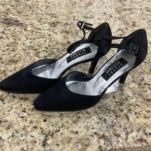Stuart Weitzman Womens Satin Pointed Toe Ankle Strap Heels Black Size 7